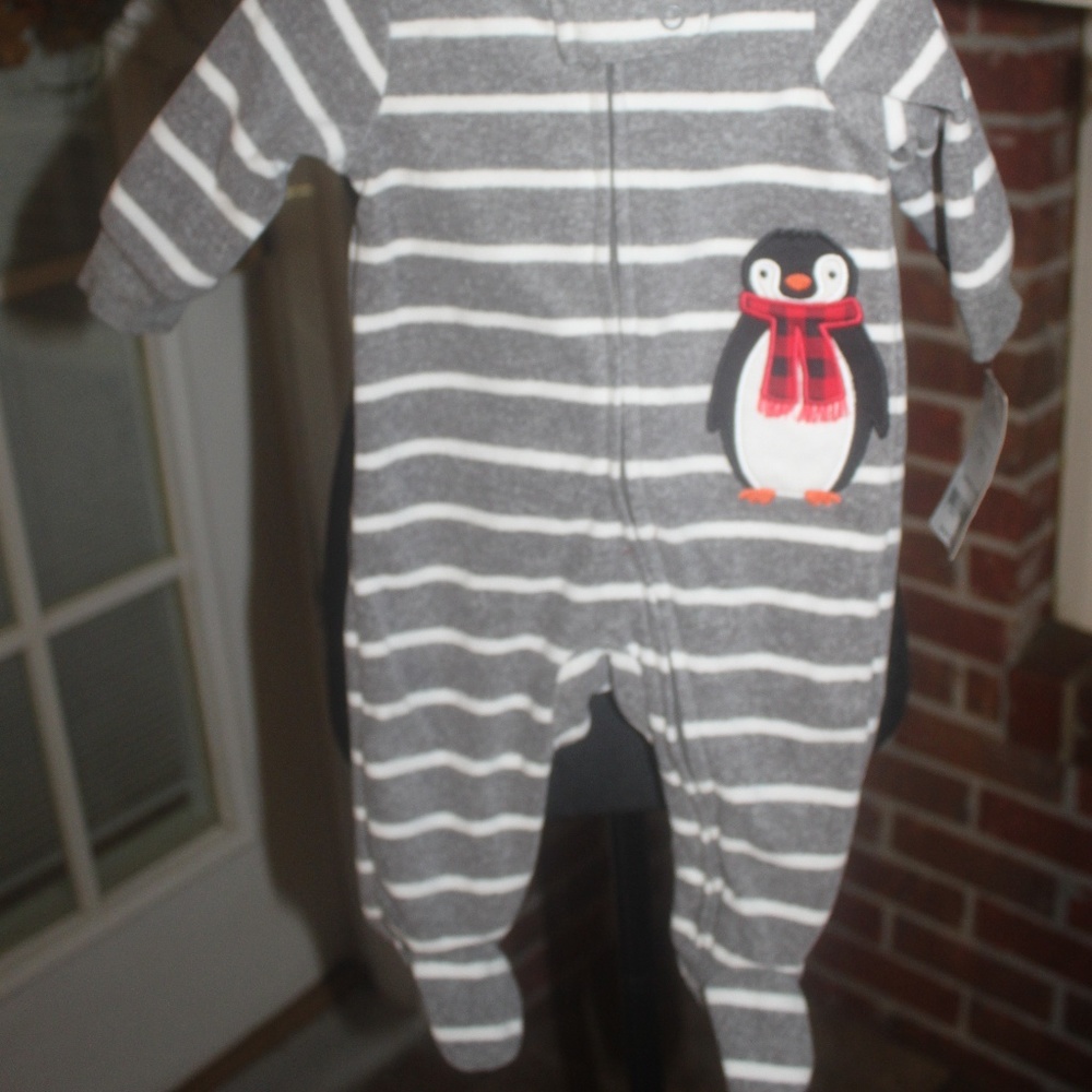 Carter's Gray White Stripe Cute Penguin onesie super soft fleece size 3M…New